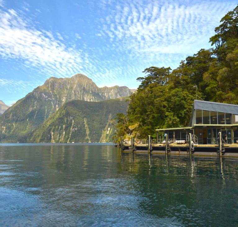 Milford Sound Observatory Milford-Sound-Underwater-Observatory-in-Harrison-Cove-with-mountain-backdrop